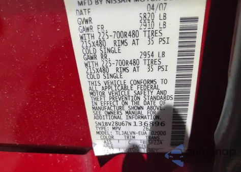 2007 Nissan Quest 3.5 Se from USA, damaged, VIN 5N1BV28U67N136896